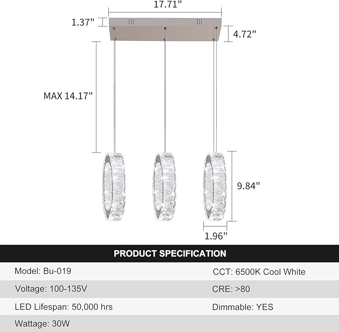 Buccleuch 3-Ring Crystal Chandelier, Dimmable LED Pendant Light Fixture Adjustable Stainless Steel Pendant Light, Silver Crystal Chandeliers for Dining Room, Bedroom, Living Room