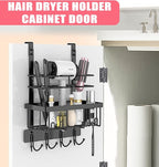 REFLYING Over-the-Door Hairdryer and Styling Tool Organizer, Metal, Black, 3 Compartments, 8 Hooks, 15"H x 10"W x 4.7"D