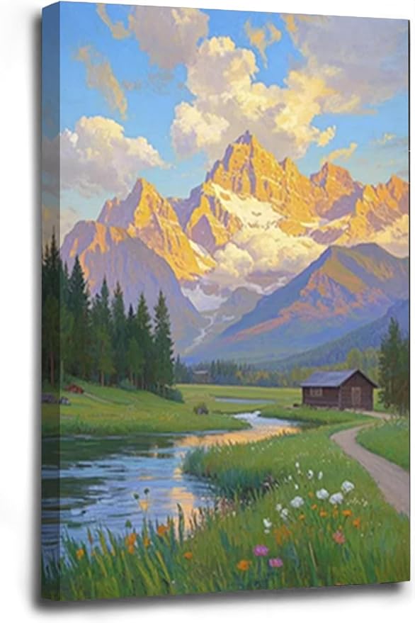 The mountain stream and lawn scenery under the sun is suitable for posting in the living room bedroom office landscape poster wall painting