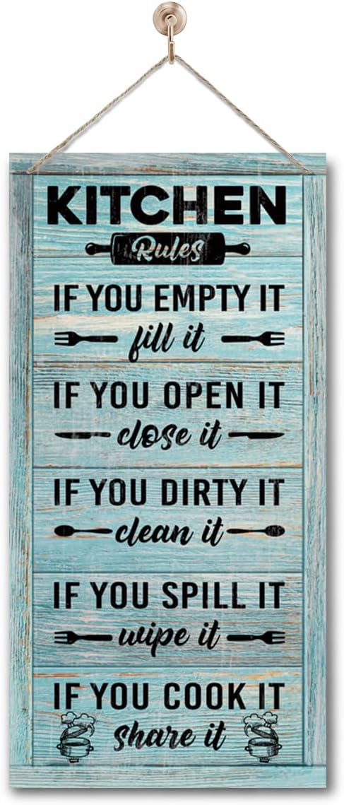 Hanging Kitchen Rules Wood Decor Sign, Rustic Kitchen Wooden Signs, Printed Wood Wall Art Sign, Kitchen Door Rules Rustic Sign, Hanging Wood Sign Kitchen Decor, Funny Farmhouse Kitchen Wall Décor C1