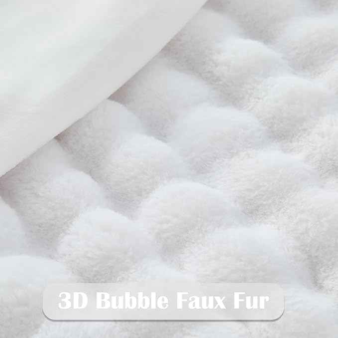 NEWCOSPLAY Faux Fur Twin Blanket White Bubble Blanket Thick Warm Soft for Couch Sofa Bed 550GSM (White, Twin(60"x80"))