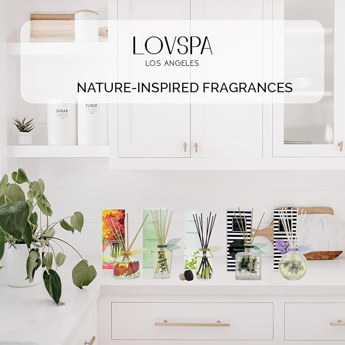 LOVSPA Reed Diffuser Set, Lush Palm & Jasmine Scented Oil Diffuser with Sticks, Home Fragrance Accessories for Bathroom Shelf Decor, Aroma Diffusers for Home or Office Desk, USA Made