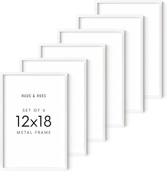 HAUS AND HUES 12x18 White Metal Picture Frames - Features Premium Aluminum, Vertical & Horizontal Hang, Shatterproof Plexiglass - Perfect for Home, Room, Office (12x18 in, White, Set of 6)