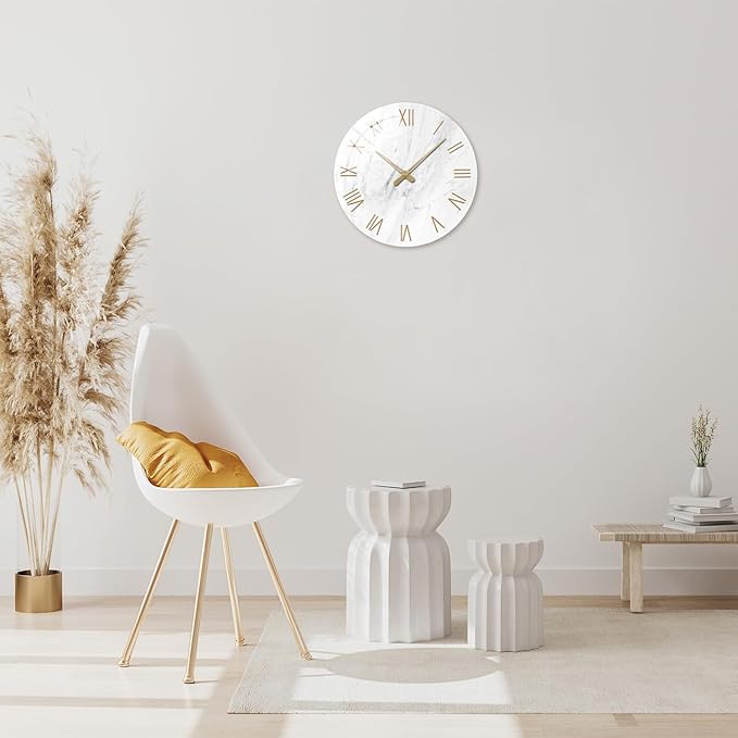 White Marble Large Clocks for Living Room Round Glass Wall Clock Battery Operated 16 Inch Silent Wall Clock Non Ticking