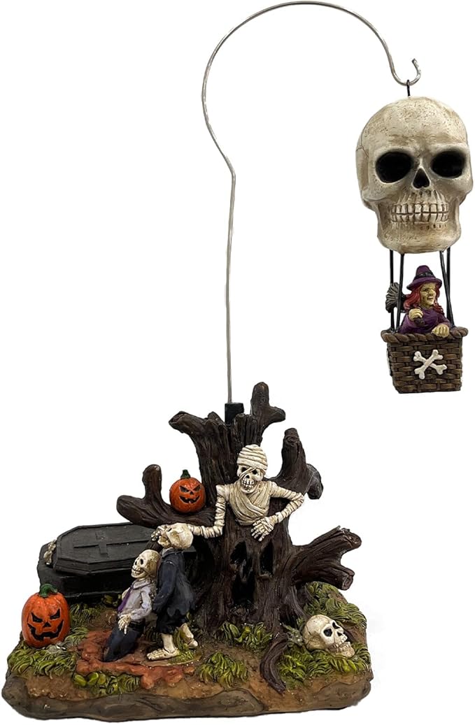Animated Skull Balloon Ride Halloween Figurine | Spooky Town Collection Accessories with Multi-Color LED, Motion and Sound | 14.13 Inch