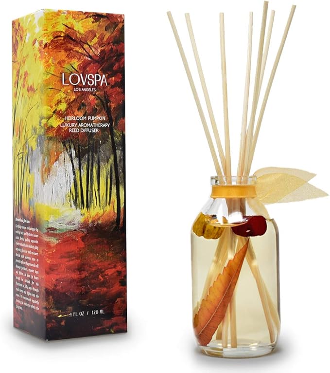 LOVSPA Reed Diffuser Set, Heirloom Pumpkim Scented Oil Diffuser with Sticks, Home Fragrance Accessories for Bathroom Shelf Decor, Aroma Diffusers for Home or Office Fall Decor, USA Made