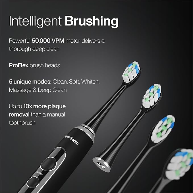 AquaSonic Home Dental Center PRO – Brushing & Flossing Made Easy – Brush & Floss – Power Toothbrush & Water Flosser – Whiter Teeth & Healthier Gums – Black Series Pro+Oral Irrigator