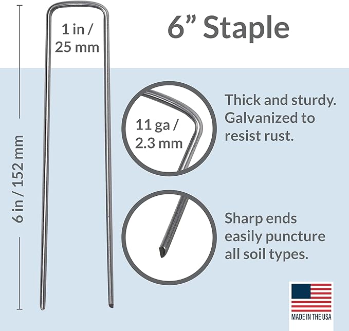 Pinnacle Mercantile USA Made 200 Pack Garden Landscape Staples Weed Barrier Fabric Stakes Galvanized 6 inch Pins Anti Rust Sod Staple 11 Gauge Steel