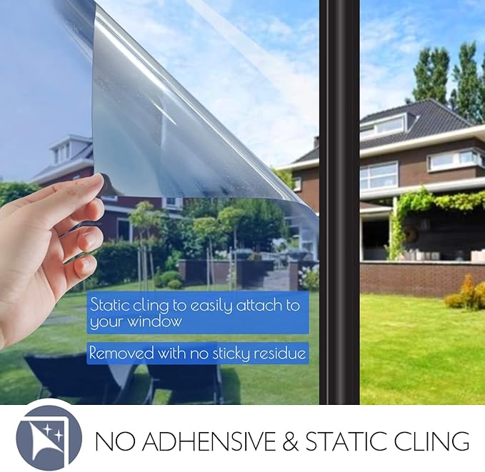 HIDBEA One Way Privacy Window Film, Daytime Mirror Reflective Heat Control UV Sun Blocking Non-Adhesive Static Cling Window Tint for Home and Office (Blue-Silver, 29.5 Inch x 6.5 Feet)