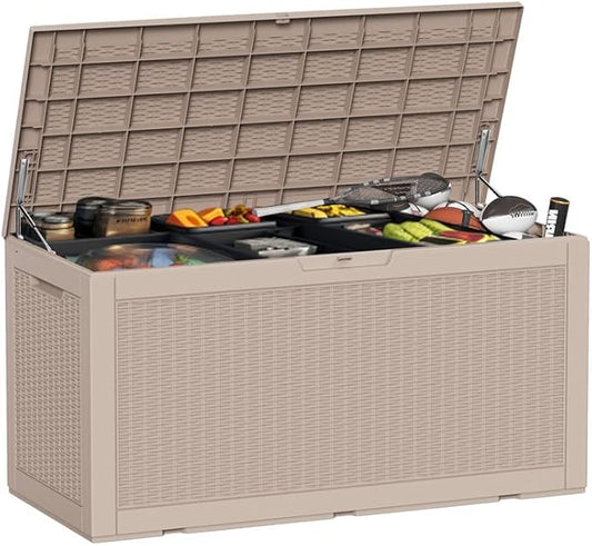 100 Gallon Deck Box Large Outdoor Storage for Patio Furniture,Outdoor Cushions,Garden Tools and Pool Supplies,Waterproof,Resin,Lockable(Grey)