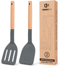 Pack of 2 Silicone Cooking Spatula, Heat Resistant Solid Turner, Non Stick Slotted Spatulas with Wooden Short Handle,Ideal Wood Kitchen Utensils Set for Frying, Baking, Flipping, Turning