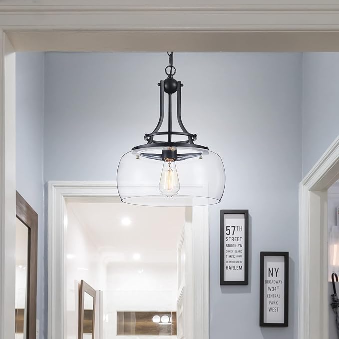 WUZUPS Chandelier Rustic Farmhouse Industrial Round Ceiling Pendant LED Light Fixture with Clear Glass Shades for Dining Room Kitchen Island Foyer Entryway, H 17" x W 13.4", E26 Base, Black