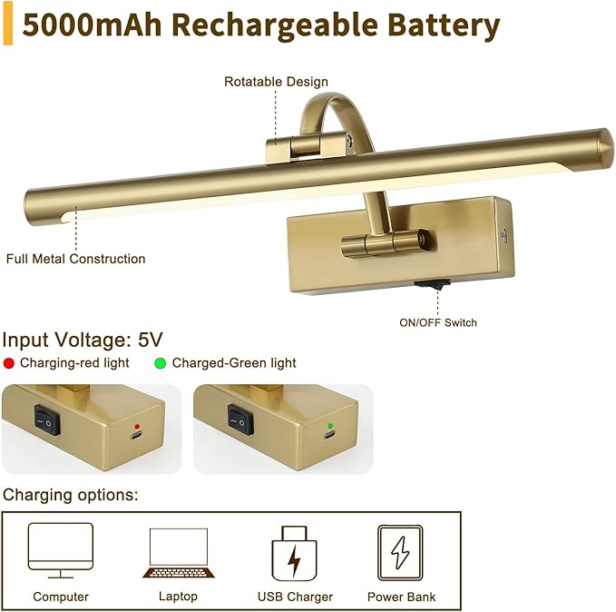 Battery Operated Picture Light with Remote and Timer, Wireless Art Lights for Paintings Brass Rechargeable Gallery Light Dimmable Artwork Lighting for Canvas, Portrait 16'' Inch Warm White