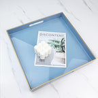 Spsyrine Light Blue Decorative Tray for Living Room, Square Modern Plastic Coffee Serving Table Tray for Ottoman Bathroom Kitchen, 13"*13".