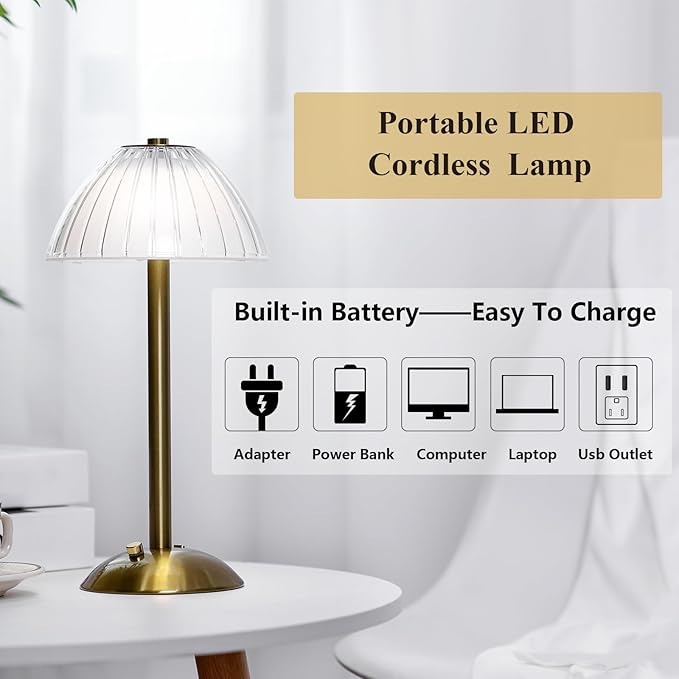 Liliful 2 Pcs LED Portable Cordless Table Lamp Touch Battery Operated Rechargeable Desk Lamp 3 Color Dimmable for Bedroom Living Room Dining (Mushroom Style,Gold)