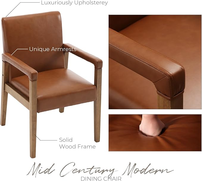 Mid Century Modern Dining Chairs Set of 2 Faux Leather Upholstered Living Room Side Chair, Kitchen Arm Chair with Solid Wood Legs for Home Kitchen & Restaurant, PU Brown