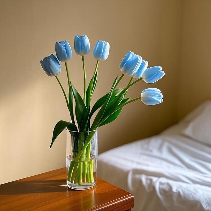 Buart Artificial Tulip in Bulk for Wedding Bridal Bouquet,Fake Flowers for Valentine's Day Mother's Day Easter Table Centerpieces Decorations(Light Blue,Real-Touch,12pcs)