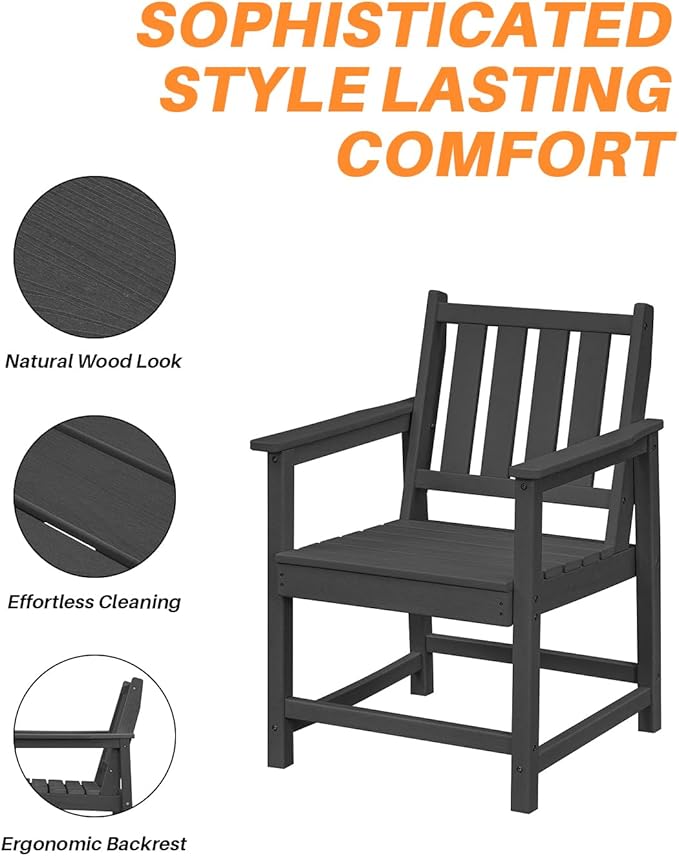 Patio Dining Chair Set of 2, HDPE Outdoor Dining Chair, Ergonomic HDPE Dining Chairs with Deep Seating, All Weather Outdoor Chairs Furniture for Backyard, Deck, Garden, Poolside, Obsidian
