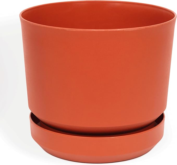 Elly Décor 8 inch Plastic Cylinder Planter Pot with Self-Watering Saucer and Drainage Hole,Lightweight & Extremely Durable, 8"x 8", Terracotta
