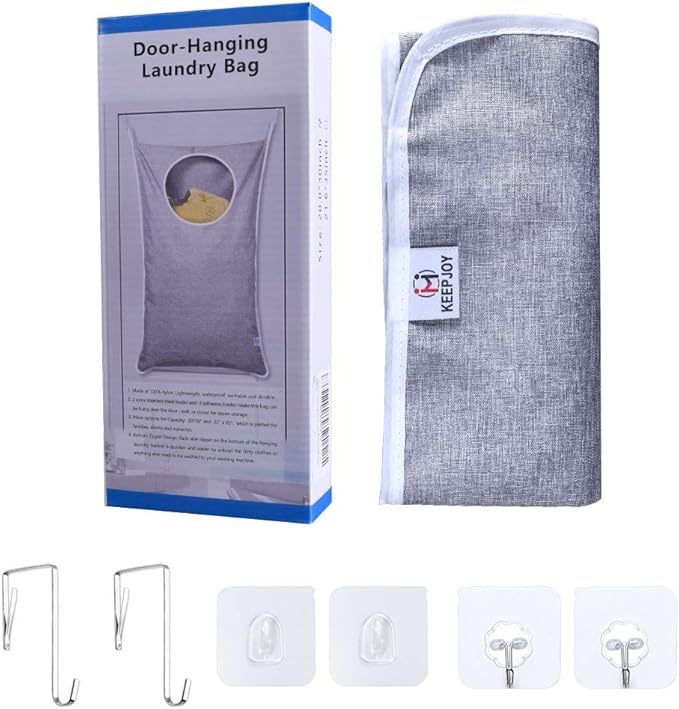 KEEPJOY Hanging Laundry Hamper Bag with Free Adjustable Stainless Steel Door 2 PCs Suction Cup Hooks, Best Choice for Holding Dirty Clothes and Saving Space, Grey