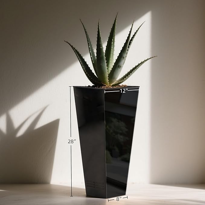 Worth Garden 28" H. Large Metal Glazed Planter Set of 2, Modern Glossy Finish Black Tall Square Tapered Steel Flower Plant Pots for Indoor & Outdoor Use - Insert Plate with Drain Holes, Air Vents
