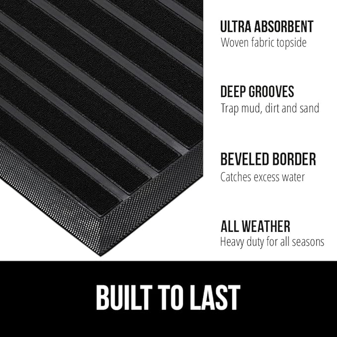 GORILLA GRIP 100% Waterproof All-Season WeatherMax Doormat US Designed Natural Rubber, Stain and Fade Resistant, Low Profile Indoor Outdoor Door Mats, Easy Clean Patio Mat, 17x29, Black Stripe