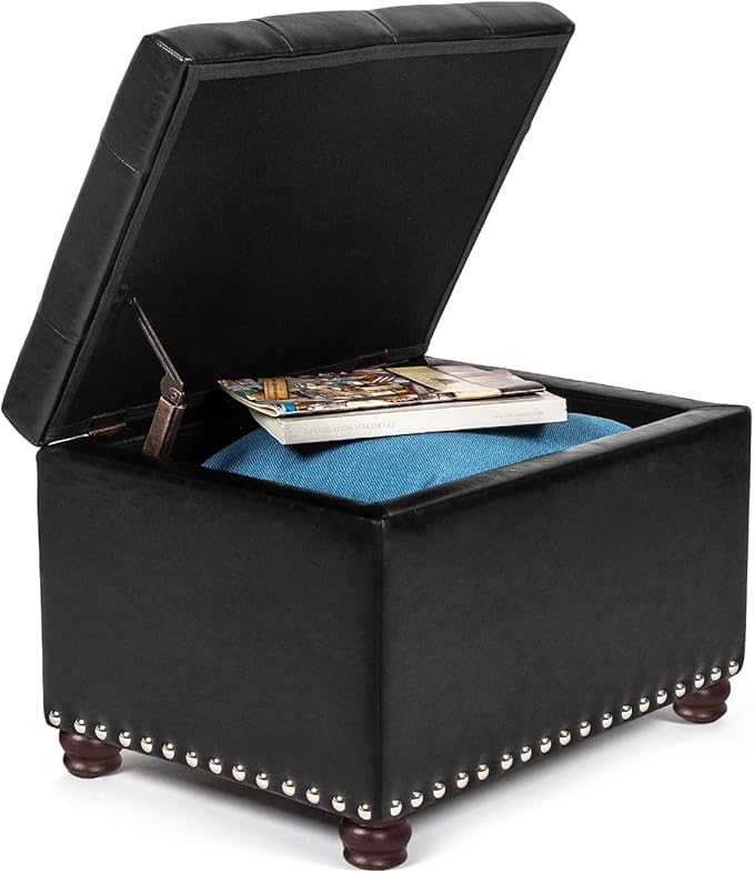 24'' Leather Storage Ottoman Rectangular Foot Rest Stool with Nailhead Trim Toy Chests & Storage Room Organizer for Bedroom Living Room(Black)