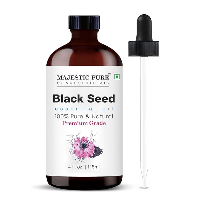 Majestic Pure Black Seed Essential Oil with Glass Dropper - Huge 4 Fl Oz - 100% Pure and Natural Black Pepper Oil - Premium Grade Essential Oils for Diffuser, Aromatherapy, Soap and Candle Making