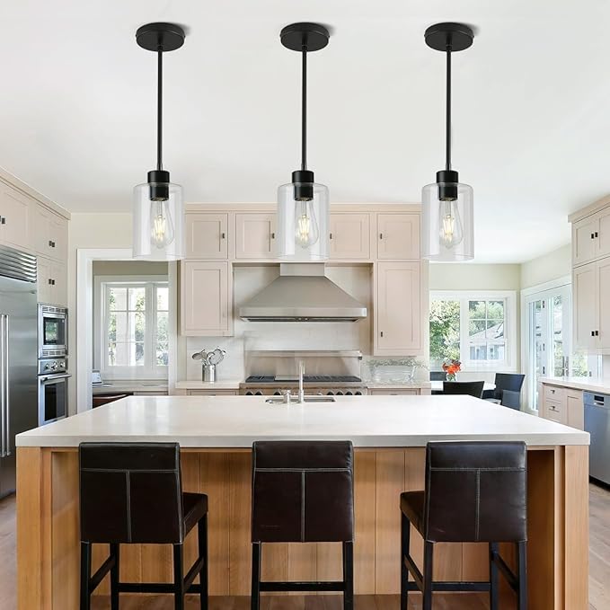 Black Pendant Lights Kitchen Island,Modern Farmhouse Glass Pendant Light,Light Fixture Kitchen Pendant Mini Hanging Light Fixture for Sink (1 Pack Black stem Rod)