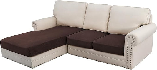 H.VERSAILTEX Velvet Stretch Sectional Couch Covers - 3 Piece L Shape Separate Cushion Set for Large 2 Seater + 1 Chaise, Brown Striped