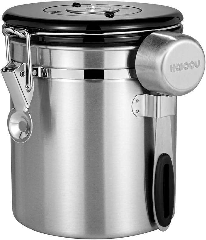 HAIOOU Airtight Coffee Canister, 16OZ Small Stainless Steel Coffee Bean Storage Container with Date Tracker, Measuring Scoop, CO2 Releasing Valves and Mini Tongs for Beans, Grounds and more - Silver