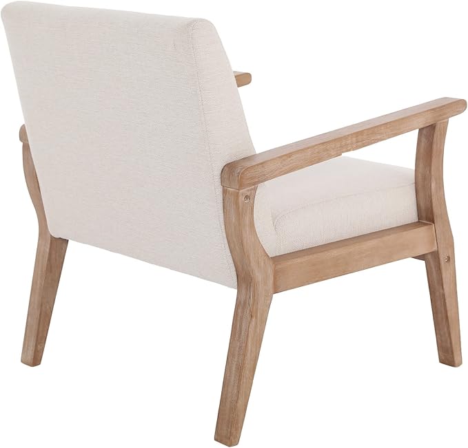 Accent Chair Mid Century Modern Armchair, Linen Upholstered Living Room Accent Armchair with Wood Frame, Farmhouse Chair Indoor Corner Chair for Living Room Bedroom, Ivory