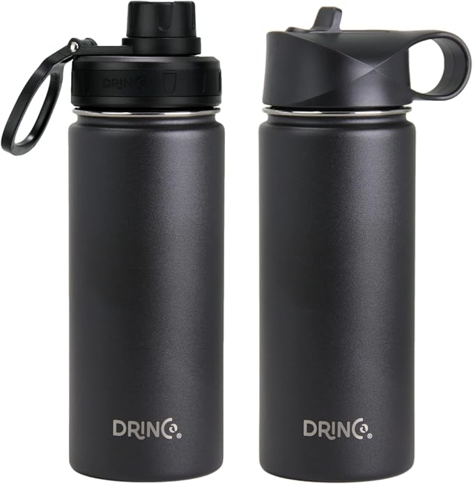 DRINCO Stainless Steel Water Bottle Spout Lid Vacuum Insulated Double Wall Water Bottle Wide Mouth (40oz 32oz 22oz 18oz 14oz) Leak Proof Keeps Cold or Hot (18 oz, 18oz Black)