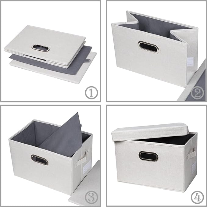 PRANDOM Large Collapsible Storage Bins with Lids [3-Pack] Fabric Foldable Storage Boxes Organizer Containers Baskets Cube with Cover for Home Bedroom Closet Office Beige(17.3x11.8x11.8)