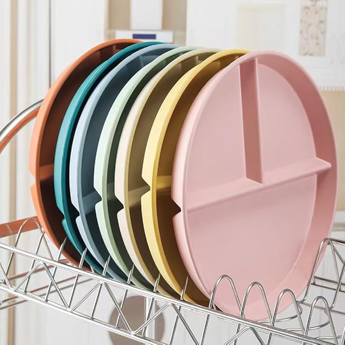 9" Unbreakable Divided Plates Set of 5, Wheat Straw Plate Reusable Dinnerware Portion Control Plates, Round Bariatric Plastic Plate for Kids Adults, BPA-free, Dishwasher Safe