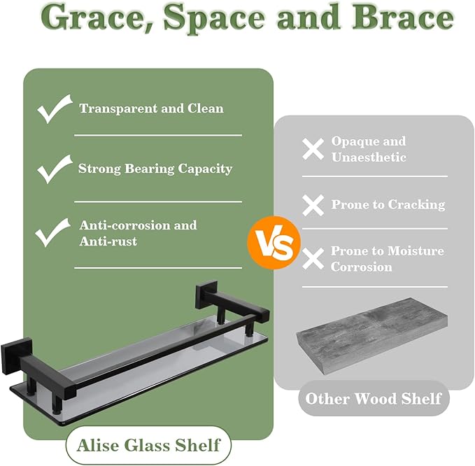 Alise Bathroom Glass Shelf with Stainless Steel Railing, Matte Black Small Tempered Glass Floating Wall Shelf Over The Toilet, 16 inch