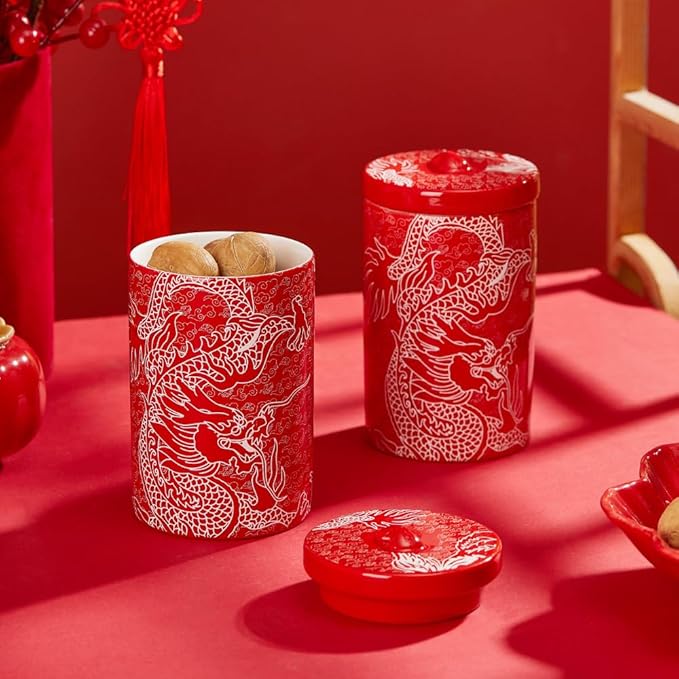 Porlien Chinese Dragon Porcelain 15-ounce Canisters Set of 2, Food Storage Containers with Lid for Coffee Beans, Tea, Condiments & Nuts