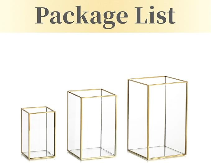 Glass Hurricane Candle Holder Large - Hewory 3pcs Gold Rectangle Flower Holders Centerpiece for Table, Tall Floor Square Pillar Candle Lantern for Wedding, Anniversary, Party, Fireplace, Dining Room