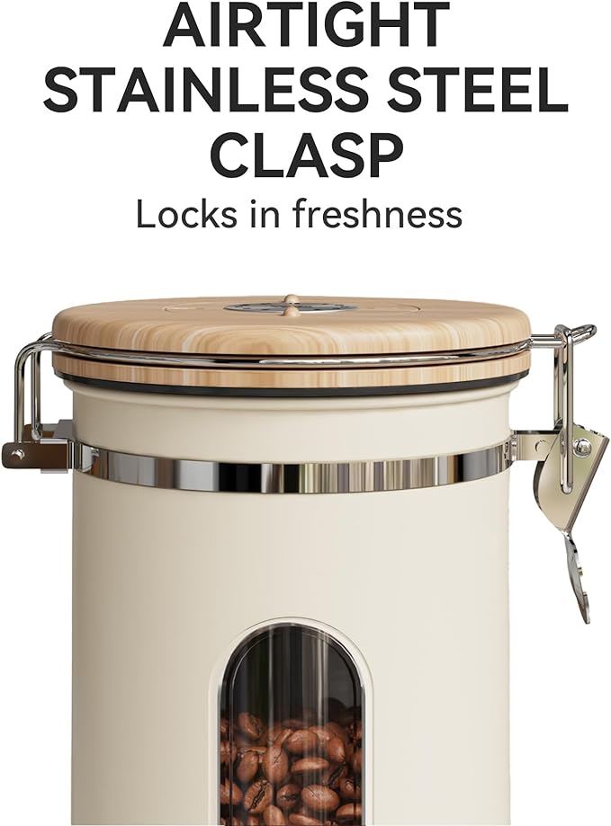 Veken Coffee Sugar Canister with Window, Coffee Lover Gift Set,Airtight Stainless Steel Kitchen Food Storage Container Gifts, Date Tracker & Scoop for Grounds Coffee,Beans,Tea,Flour,Cereal,22OZ,Cream