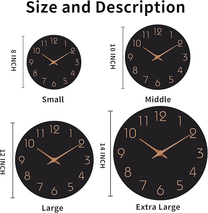 Mosewa Wall Clock 14 Inch Black Battery Operated Silent Non Ticking Simple Minimalist Rose Gold Numbers Decorative for Bedroom Living Room Kitchen Home Office
