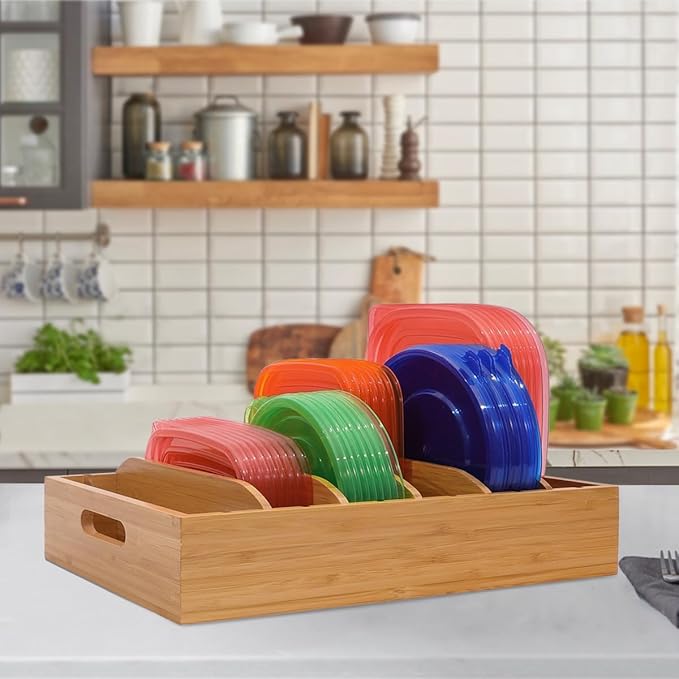 2 Pack Bamboo Lid Holder Food Container, Kitchen Organizer with 5 Adjustable Dividers, Cabinet Organizer for Food, Kitchen Gadget, Container Lids