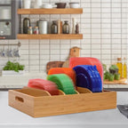 2 Pack Bamboo Lid Holder Food Container, Kitchen Organizer with 5 Adjustable Dividers, Cabinet Organizer for Food, Kitchen Gadget, Container Lids