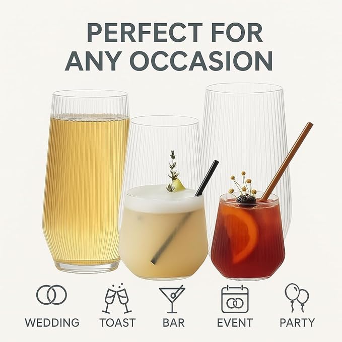 24 Pack Ribbed Origami Ripple Plastic Glasses, 12-9 Ounce Stemless Champagne Flutes & 12-12 Ounce Cups, BPA-Free Disposable Shatterproof Toasting Glasses for Weddings, Bars, and Events (Clear)