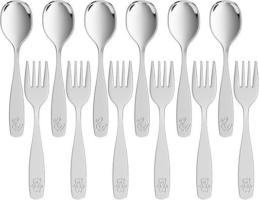12 Pieces Toddler Utensils, Kids Stainless Steel Silverware Set - 6pcs Forks and 6pcs Spoon, Cute Children Flatware Sets with Mirror Polished, Self Feeding Safe, Dishwasher Safe
