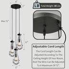 Bronze 3 Light Pendant Lighting, Raindrop Pendant Lights, Black Adjustable Hanging Rope Cluster Pendant Lighting Over Kitchen Island, Teardrop Glass Chandelier Dining Room Light Fixture