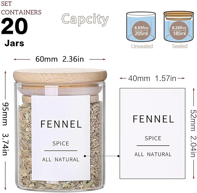 Glass Spice Jars with Bamboo Lids - 20 Pcs Thicken(2.4mm) 6oz Airtight Seasoning Containers with 131 Waterproof Minimalist Spice labels Preprinted - Small herb Jars for Pantry Organization and Storage