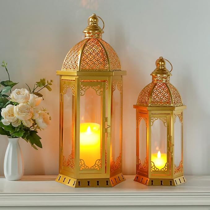 JHY DESIGN Set of 2 Outdoor Candle Lanterns 22"&17" H Decorative Vintage Metal Candle Holders for Garden Porch Indoor Outdoor Parties Weddings Patio Home Decor(Gold)