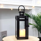 TRIROCKS Metal Candle Lantern 12'' High Decorative Outdoor Lantern Hanging Lantern with Tempered Glass for Christmas Home Decor Living Room Parties Events Tabletop Indoors Outdoors (Black Matte)