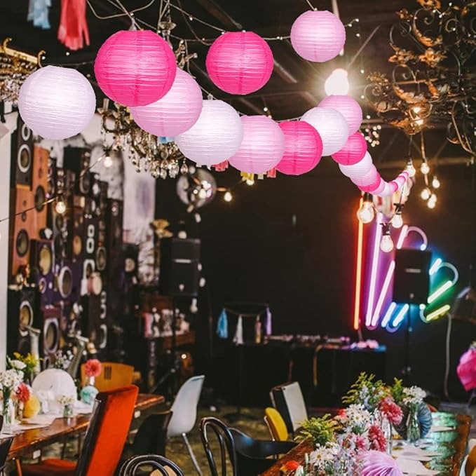 Paper Lanterns Decorative, Pink Hanging Round Chinese Lanterns with Lights for Engagement Bachelorette Birthday Party 12 LED Light Pack of 12