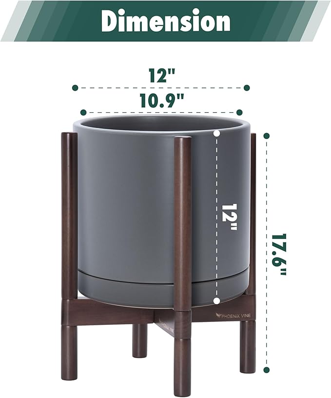 D'vine Dev Ceramic Planter with Walnut Color Stand - 12 Inch Modern Round Flower Pot with Wood Planter Holder, Grey, 55-B-W-3